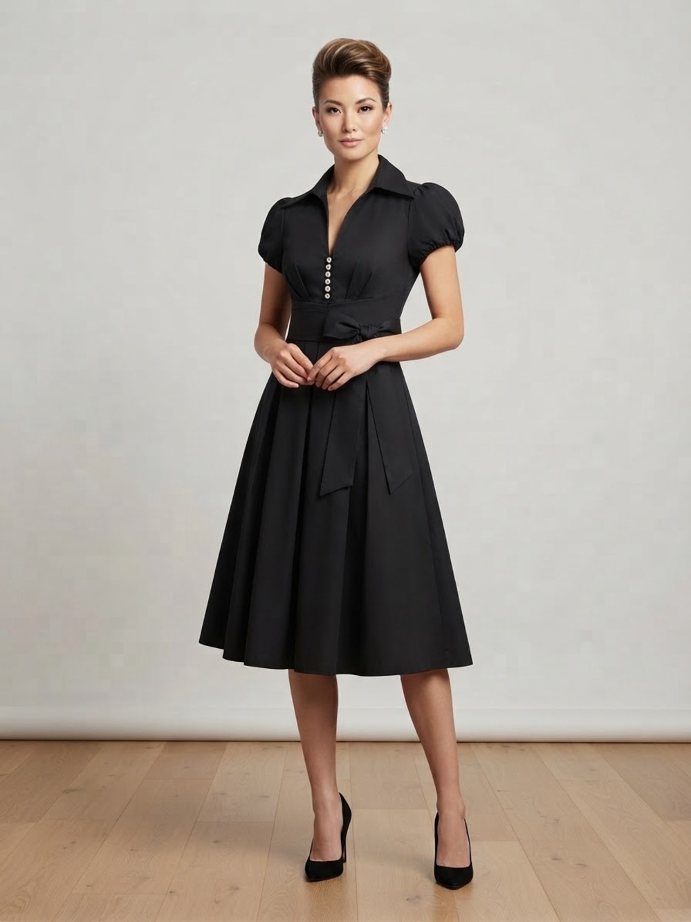 le chateau Black Collared Fit-and-Flare Midi Dress with Waist Tie